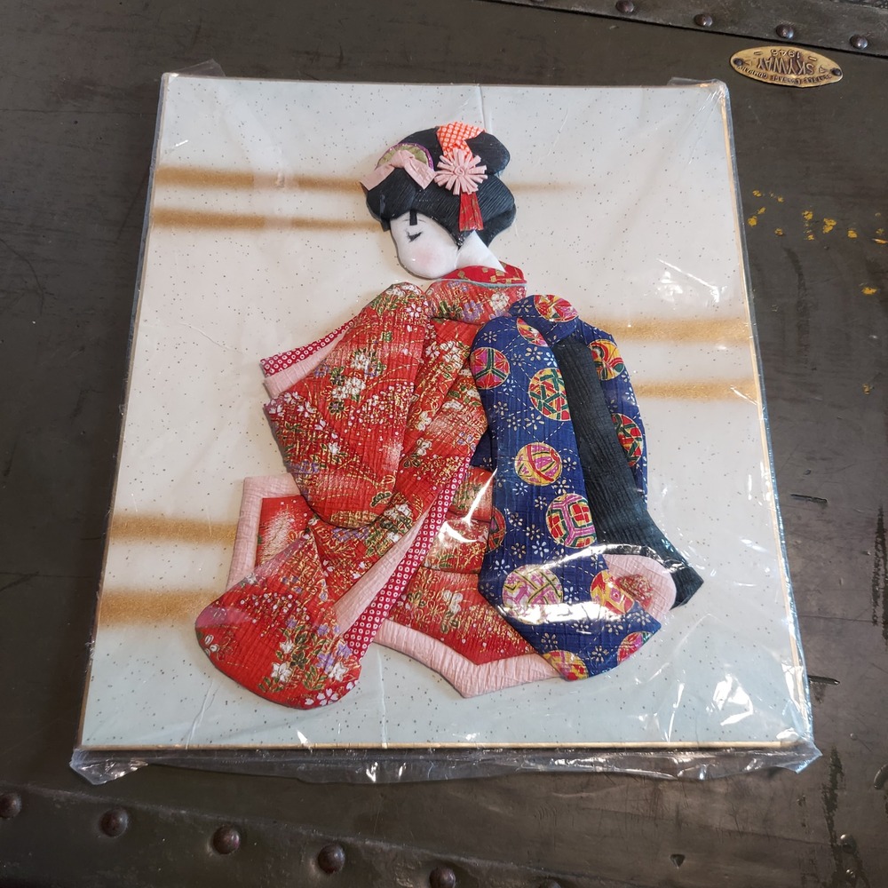 Vintage Japanese Geisha Kimekomi Oshie Fabric Art 11in Shikishi Board 3D Collage